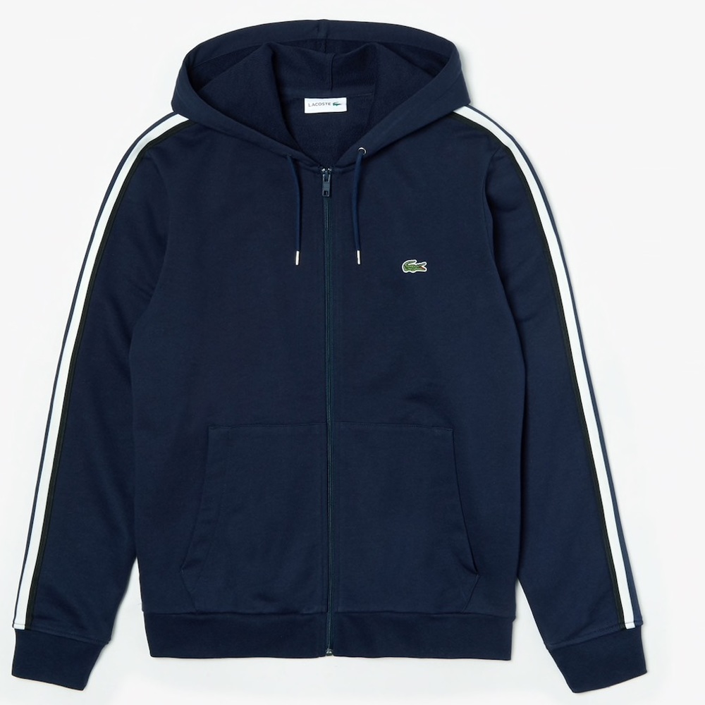 Lacoste Striped-Sleeve Hood ZIP Fleece Sweatshirt